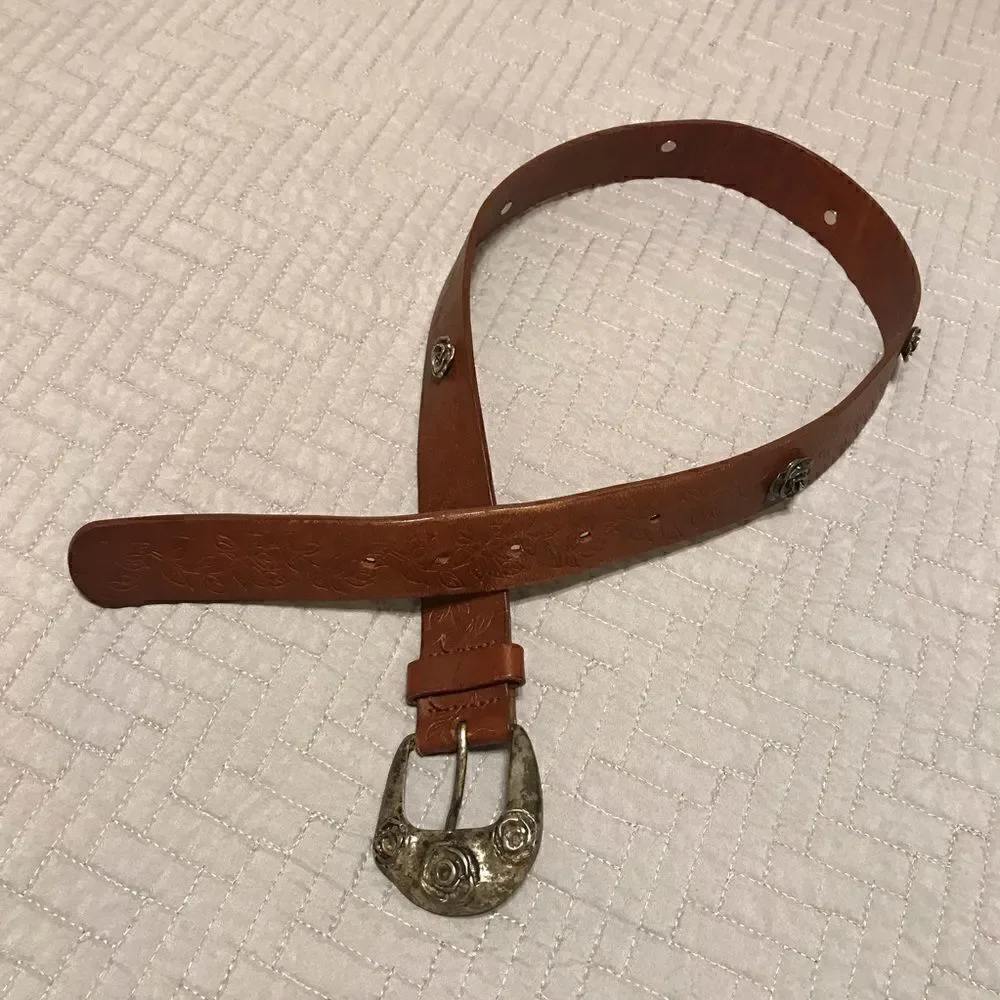 Leather Tack Belt with Silver Flowers and Embossed Leather